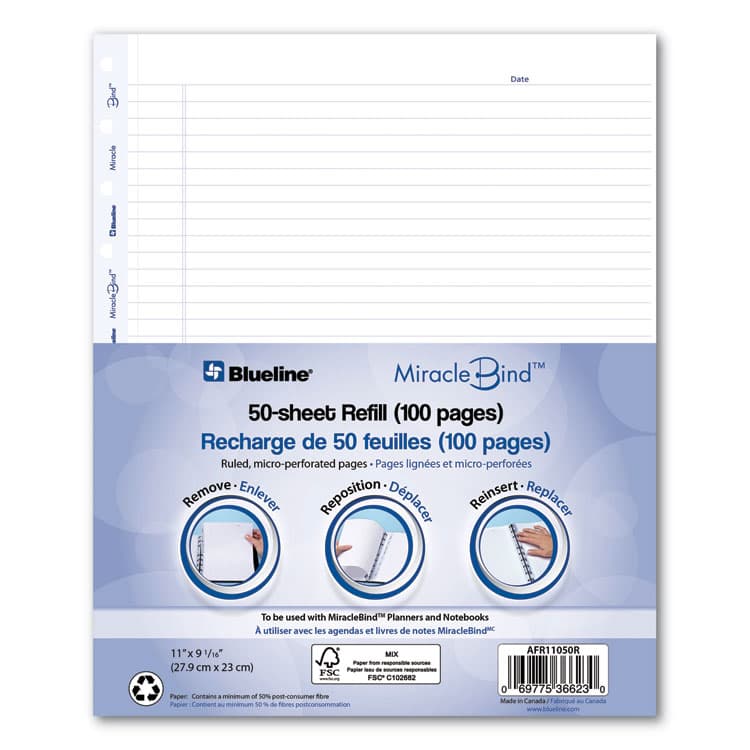REDIFORM OFFICE PRODUCTS Ruled Paper Refill Sheets for all MiracleBind Notebooks and Planners, 11 x 9.06, White/Blue Sheets, Undated, 50/Pack (REDAFR11050R)