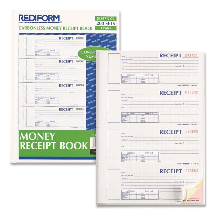 REDIFORM OFFICE PRODUCTS Durable Hardcover Numbered Money Receipt Book, Three-Part Carbonless, 6.88 x 2.75, 4 Forms/Sheet, 200 Forms Total (REDS1657NCL) thumbnail 3