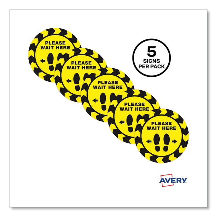 AVERY PRODUCTS CORPORATION Social Distancing Floor Decals, 10.5" dia, Please Wait Here, Yellow/Black Face, Black Graphics, 5/Pack (AVE83020) thumbnail 2