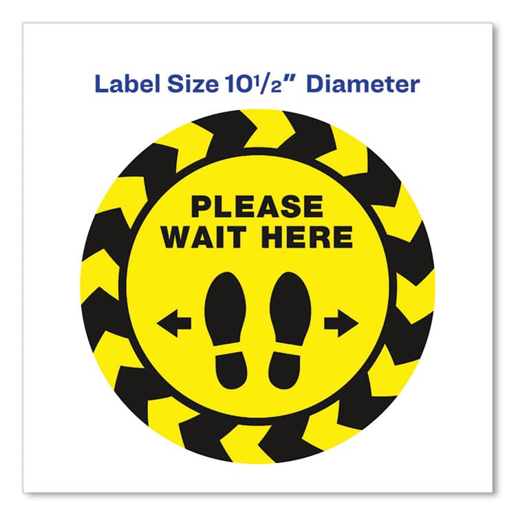 AVERY PRODUCTS CORPORATION Social Distancing Floor Decals, 10.5" dia, Please Wait Here, Yellow/Black Face, Black Graphics, 5/Pack (AVE83020) thumbnail 3