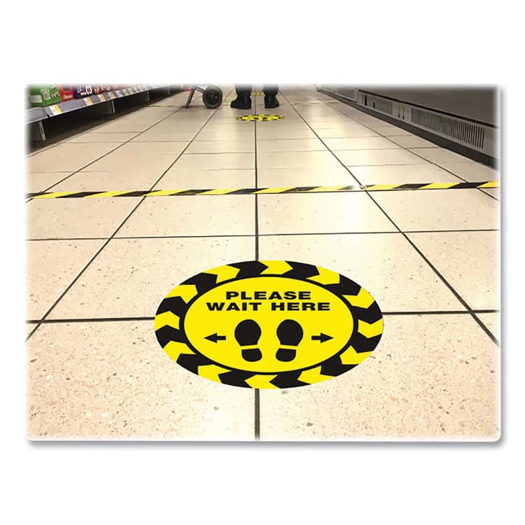 AVERY PRODUCTS CORPORATION Social Distancing Floor Decals, 10.5" dia, Please Wait Here, Yellow/Black Face, Black Graphics, 5/Pack (AVE83020) thumbnail 4
