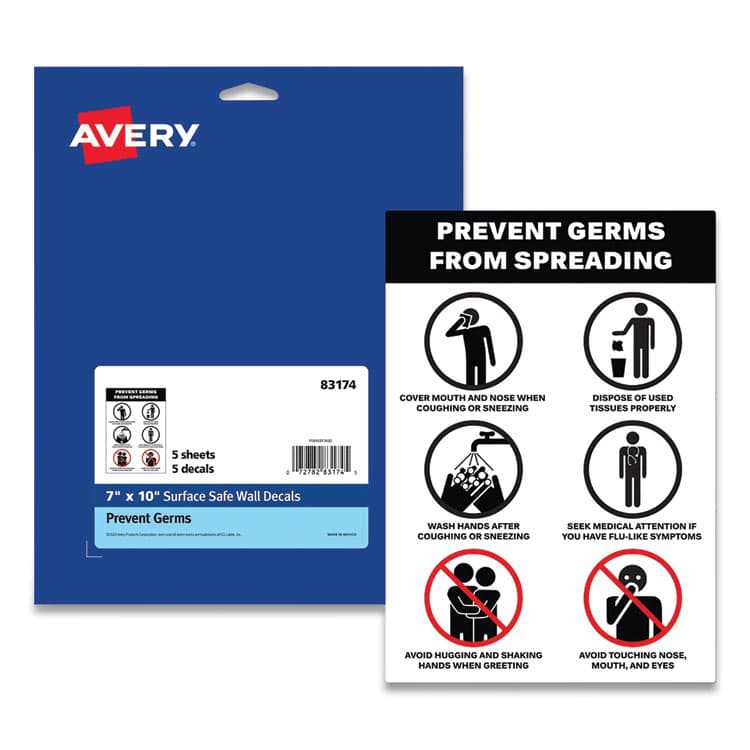 AVERY PRODUCTS CORPORATION Preprinted Surface Safe Wall Decals, 7 x 10, Prevent Germs from Spreading, White/Black Face, Black Graphics, 5/Pack (AVE83174)