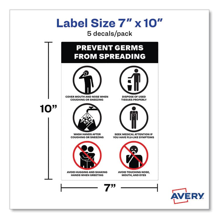 AVERY PRODUCTS CORPORATION Preprinted Surface Safe Wall Decals, 7 x 10, Prevent Germs from Spreading, White/Black Face, Black Graphics, 5/Pack (AVE83174) thumbnail 4