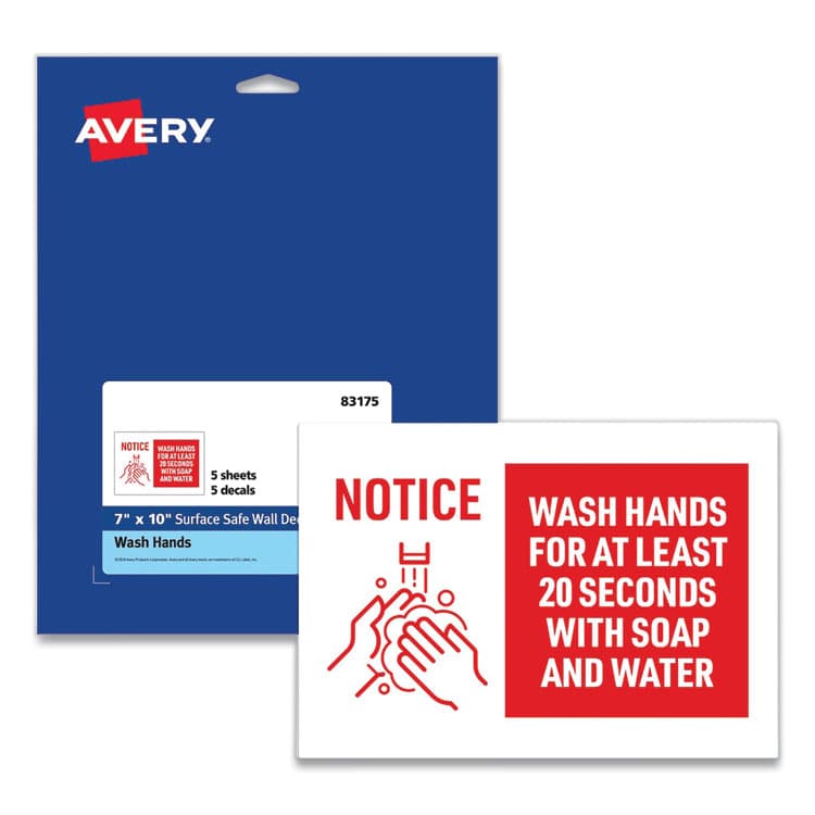 AVERY PRODUCTS CORPORATION Preprinted Surface Safe Wall Decals, 10 x 7, Wash Hands for at Least 20 Seconds, White/Red Face, Red Graphics, 5/Pack (AVE83175)