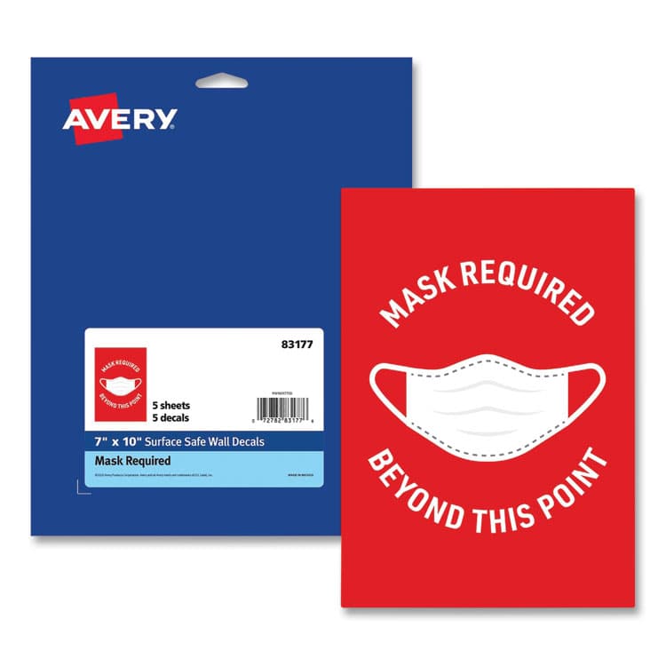 AVERY PRODUCTS CORPORATION Preprinted Surface Safe Wall Decals, 7 x 10, Mask Required Beyond This Point, Red Face, White Graphics, 5/Pack (AVE83177)