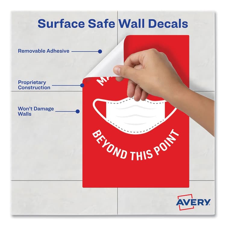 AVERY PRODUCTS CORPORATION Preprinted Surface Safe Wall Decals, 7 x 10, Mask Required Beyond This Point, Red Face, White Graphics, 5/Pack (AVE83177) thumbnail 4