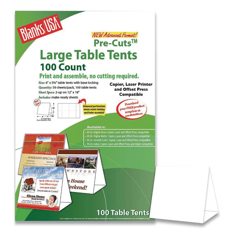 BLANKS/USA Table Tent, 80 lb Cover Weight, 12 x 18, White, 2 Tents/Sheet, 50 Sheets/Pack (BLA01FLWH)
