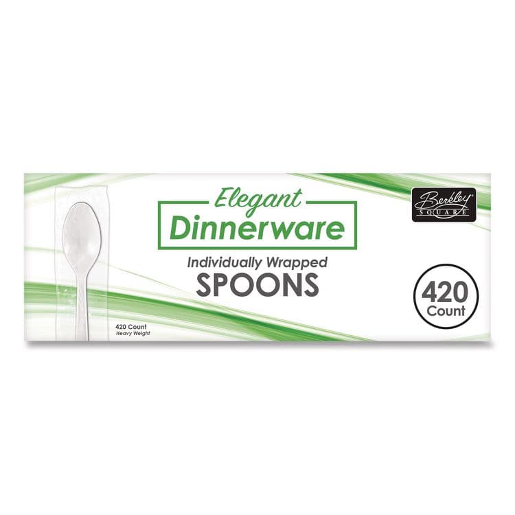 BERK ENTERPRISES Elegant Dinnerware Heavyweight Cutlery, Individually Wrapped, Spoon, Plastic, White, 420/Box (BSQ90187) thumbnail 2