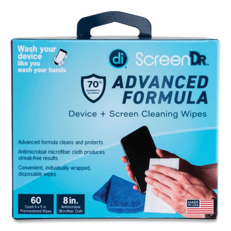 DIGITAL INNOVATIONS ScreenDr Device and Screen Cleaning Wipes, Includes 60 Individually Wrapped Wipes and 8" Microfiber Cloth, 6 x 5, White (DGV32347)