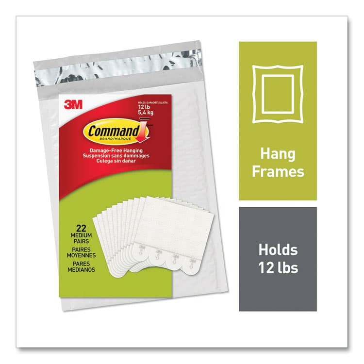 3M/COMMERCIAL TAPE DIV. Damage-Free Hanging Picture Hanging Strip Pairs, Holds Up to 2.5 lb, Medium: 0.63" x 2.75", White, 22/Pack (MMM1720422)