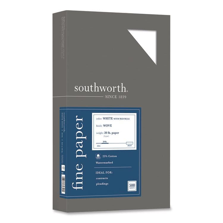 SOUTHWORTH CO. 25% Cotton Business Paper, Ruled, 95 Bright, 20 lb Bond Weight, 8.5 x 14, White, 500 Sheets/Ream (SOU403ER)