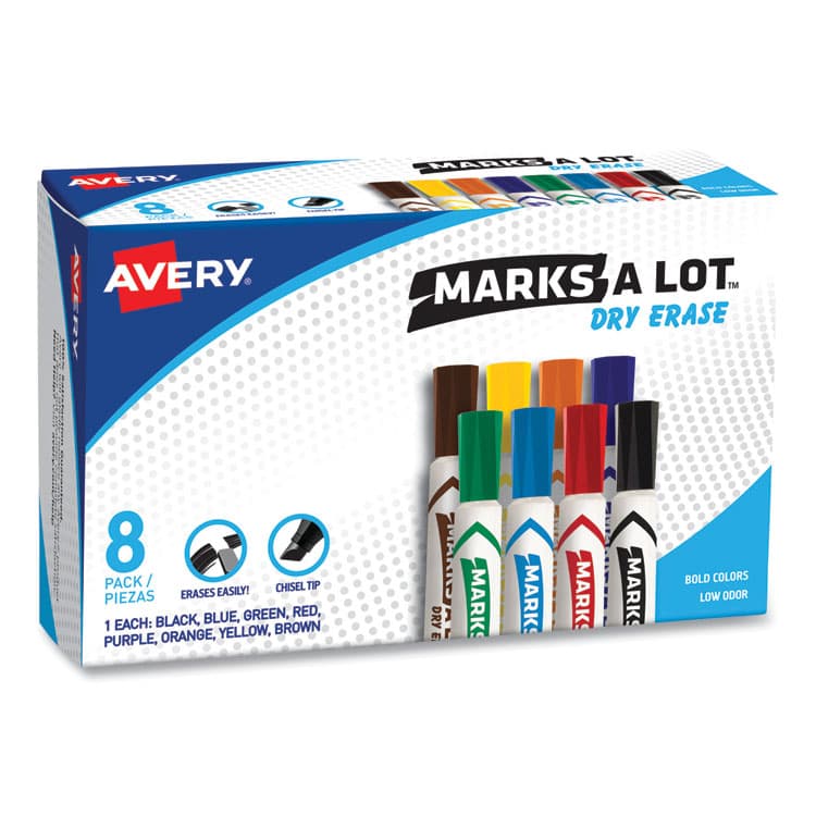AVERY PRODUCTS CORPORATION MARKS A LOT Desk-Style Dry Erase Marker, Broad Chisel Tip, Assorted Colors, 8/Set (24411) (AVE24411)