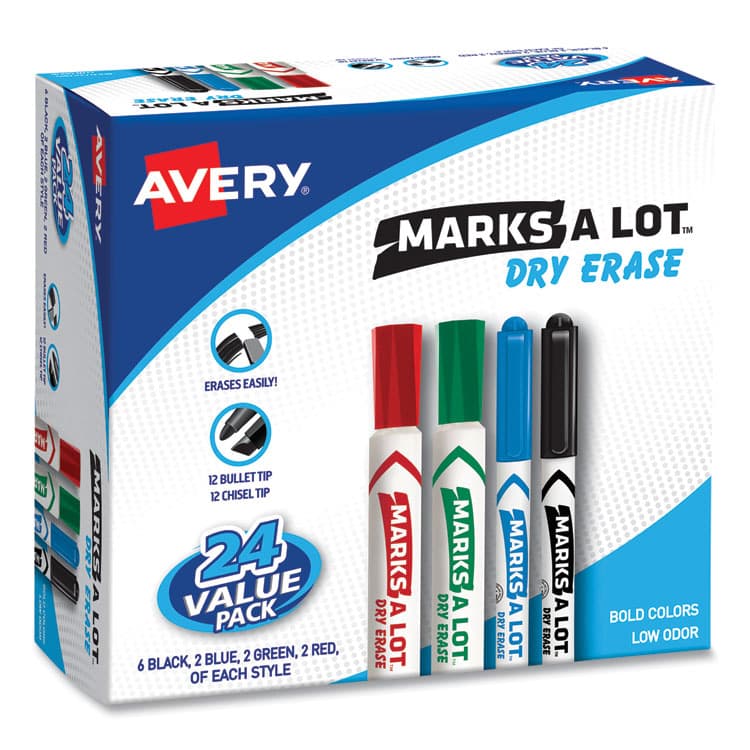 AVERY PRODUCTS CORPORATION MARKS A LOT Desk/Pen-Style Dry Erase Marker Value Pack, Assorted Broad Bullet/Chisel Tips, Assorted Colors, 24/Pack (29870) (AVE29870)