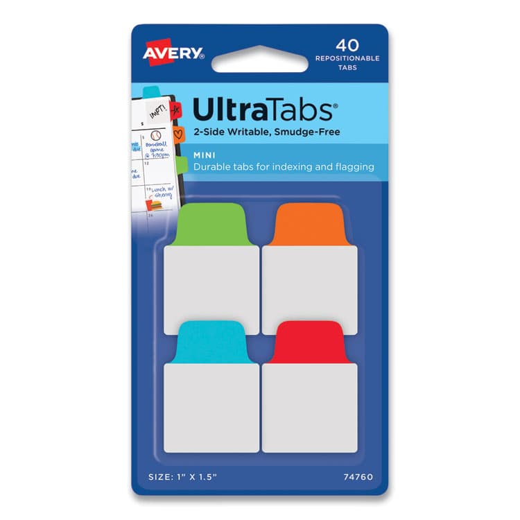 AVERY PRODUCTS CORPORATION Ultra Tabs Repositionable Tabs, Mini Tabs: 1" x 1.5", 1/5-Cut, Assorted Colors, 40/Pack (AVE74760)