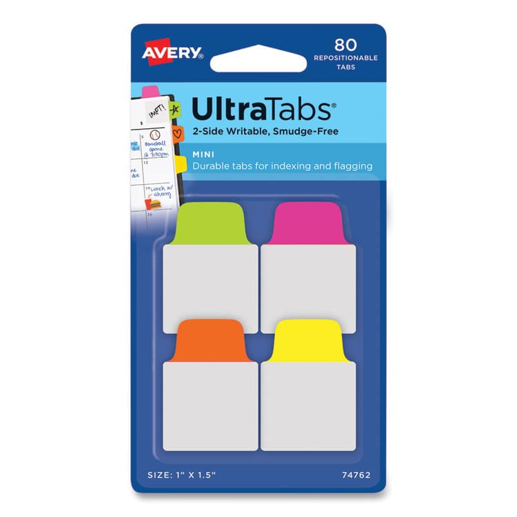 AVERY PRODUCTS CORPORATION Ultra Tabs Repositionable Tabs, Mini Tabs: 1" x 1.5", 1/5-Cut, Assorted Neon Colors, 80/Pack (AVE74762)