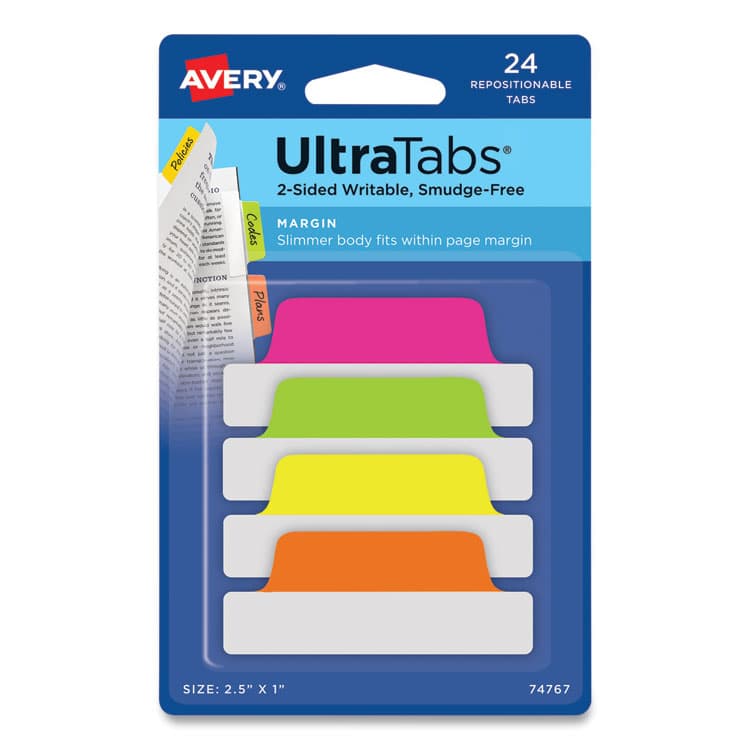 AVERY PRODUCTS CORPORATION Ultra Tabs Repositionable Tabs, Margin Tabs: 2.5" x 1", 1/5-Cut, Assorted Neon Colors, 24/Pack (AVE74767)