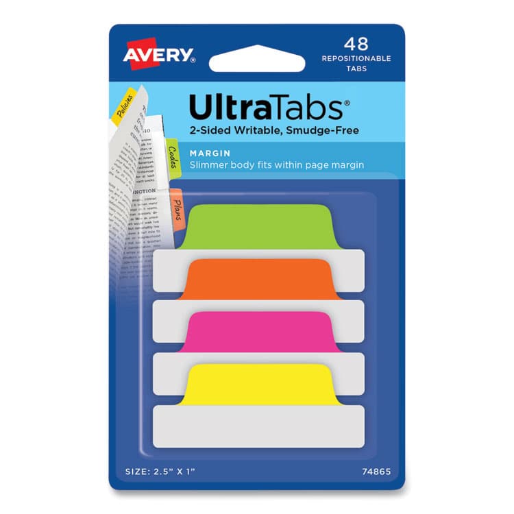 AVERY PRODUCTS CORPORATION Ultra Tabs Repositionable Tabs, Margin Tabs: 2.5" x 1", 1/5-Cut, Assorted Neon Colors, 48/Pack (AVE74865)