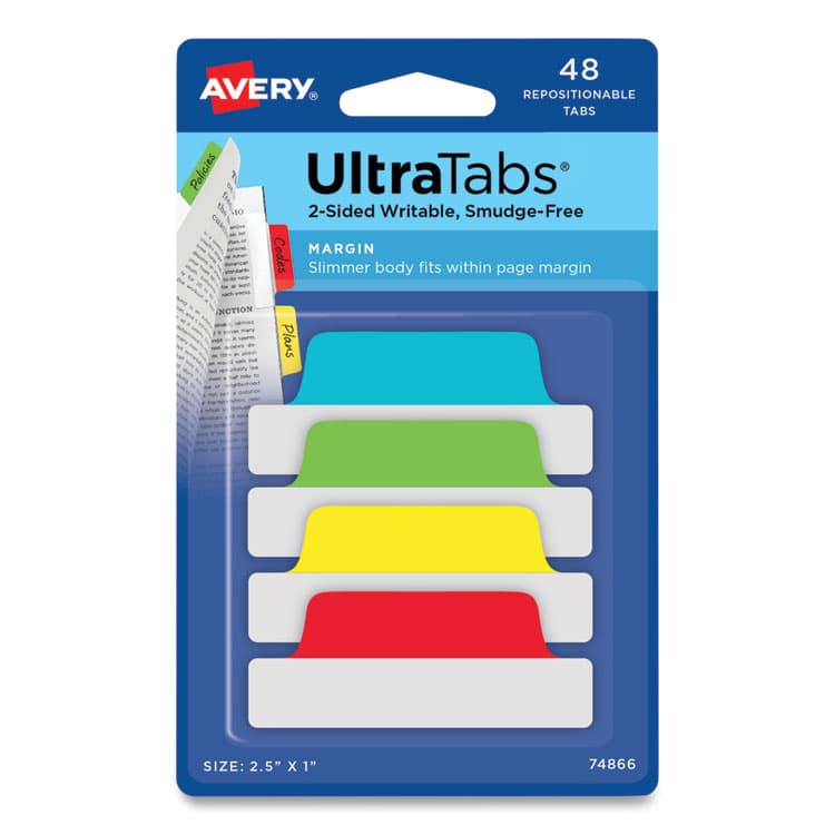 AVERY PRODUCTS CORPORATION Ultra Tabs Repositionable Tabs, Margin Tabs: 2.5" x 1", 1/5-Cut, Assorted Colors, 48/Pack (AVE74866)