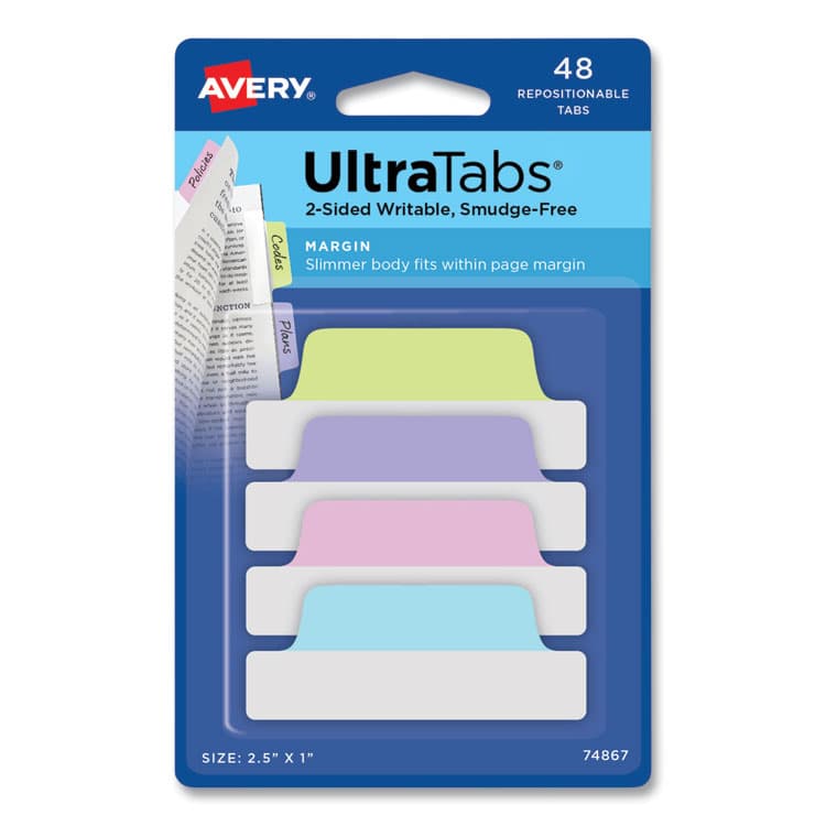 AVERY PRODUCTS CORPORATION Ultra Tabs Repositionable Tabs, Margin Tabs: 2.5" x 1", 1/5-Cut, Assorted Pastel Colors, 48/Pack (AVE74867)