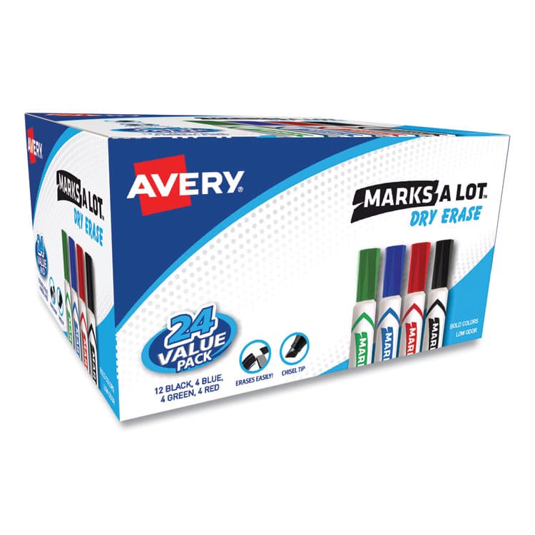 AVERY PRODUCTS CORPORATION MARKS A LOT Desk-Style Dry Erase Marker Value Pack, Broad Chisel Tip, Assorted Colors, 24/Pack (98188) (AVE98188)