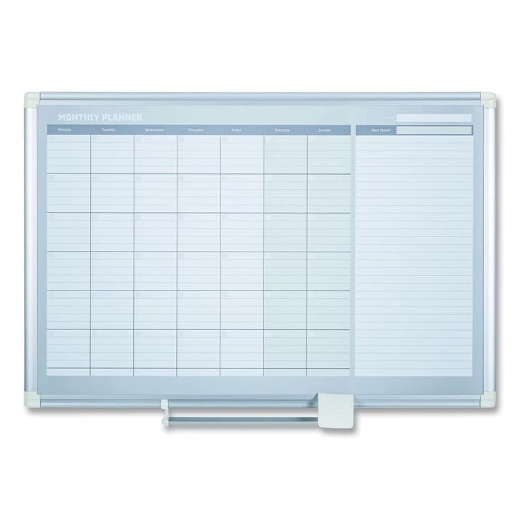 BI-SILQUE VISUAL COMMUNICATION PRODUCTS Magnetic Dry Erase Calendar Board, Monthly Planning/Scheduling, 36" x 24", White Surface, Satin Aluminum Frame (BVCGA0397830)