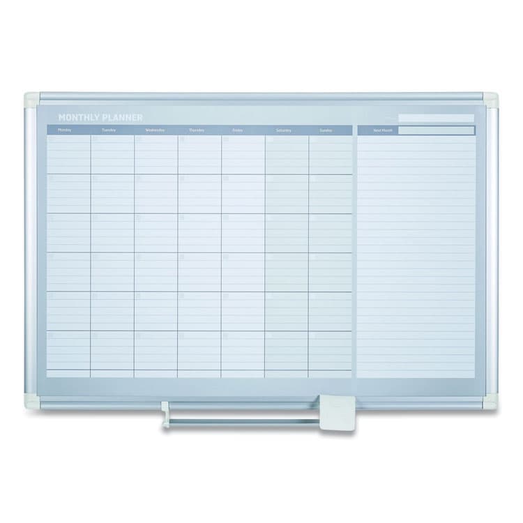 BI-SILQUE VISUAL COMMUNICATION PRODUCTS Magnetic Dry Erase Calendar Board, Monthly Planning/Scheduling, 48" x 36", White Surface, Satin Aluminum Frame (BVCGA0597830)