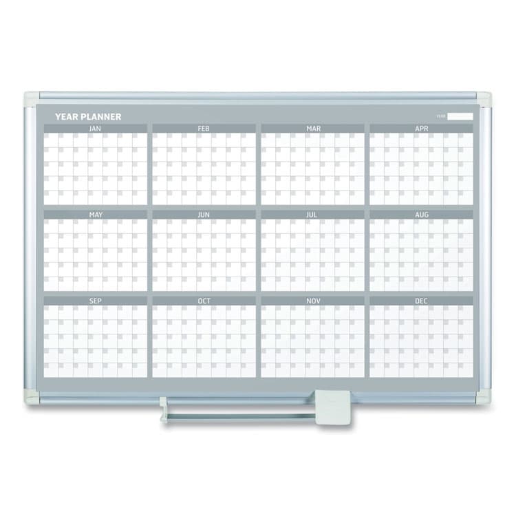BI-SILQUE VISUAL COMMUNICATION PRODUCTS Magnetic Dry Erase Calendar Board, 12-Month Planning/Scheduling, 36" x 24", White Surface, Satin Aluminum Frame (BVCGA03106830)