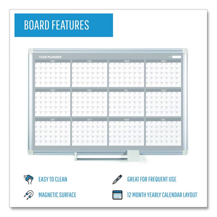 BI-SILQUE VISUAL COMMUNICATION PRODUCTS Magnetic Dry Erase Calendar Board, 12-Month Planning/Scheduling, 36" x 24", White Surface, Satin Aluminum Frame (BVCGA03106830) thumbnail 4