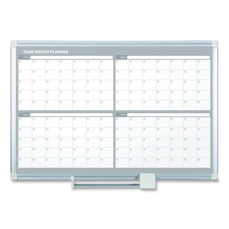 BI-SILQUE VISUAL COMMUNICATION PRODUCTS Magnetic Dry Erase Calendar Board, Four-Month Planning/Scheduling, 48" x 36", White Surface, Satin Aluminum Frame (BVCGA05105830)
