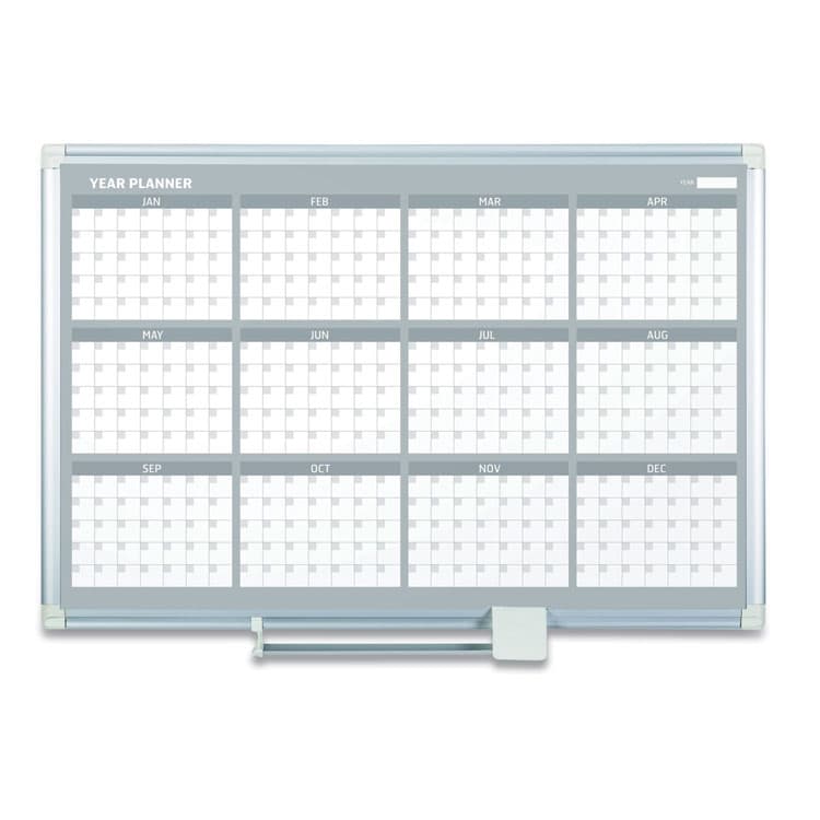 BI-SILQUE VISUAL COMMUNICATION PRODUCTS Magnetic Dry Erase Calendar Board, 12-Month Planning/Scheduling, 48" x 36", White Surface, Satin Aluminum Frame (BVCGA05106830)