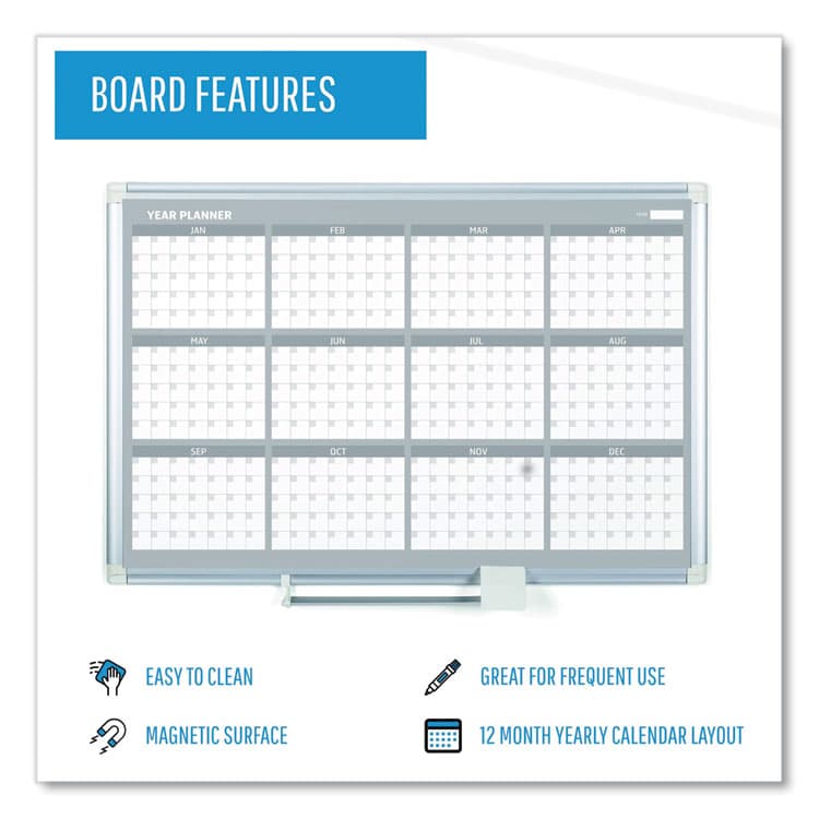 BI-SILQUE VISUAL COMMUNICATION PRODUCTS Magnetic Dry Erase Calendar Board, 12-Month Planning/Scheduling, 48" x 36", White Surface, Satin Aluminum Frame (BVCGA05106830) thumbnail 4