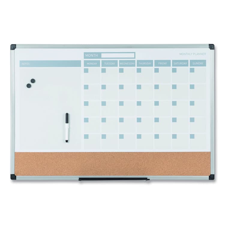 BI-SILQUE VISUAL COMMUNICATION PRODUCTS 3-in-1 Calendar Planner, Monthly Planning/Scheduling Calendar, 36" x 24", White Surface, Satin Aluminum Frame (BVCMB0707186P)