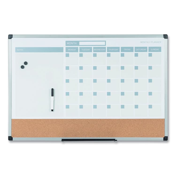 BI-SILQUE VISUAL COMMUNICATION PRODUCTS 3-in-1 Planner Board, Monthly Planning/Scheduling Calendar, 24" x 18", Tan/White/Blue Surface, Satin Aluminum Frame (BVCMB3507186)