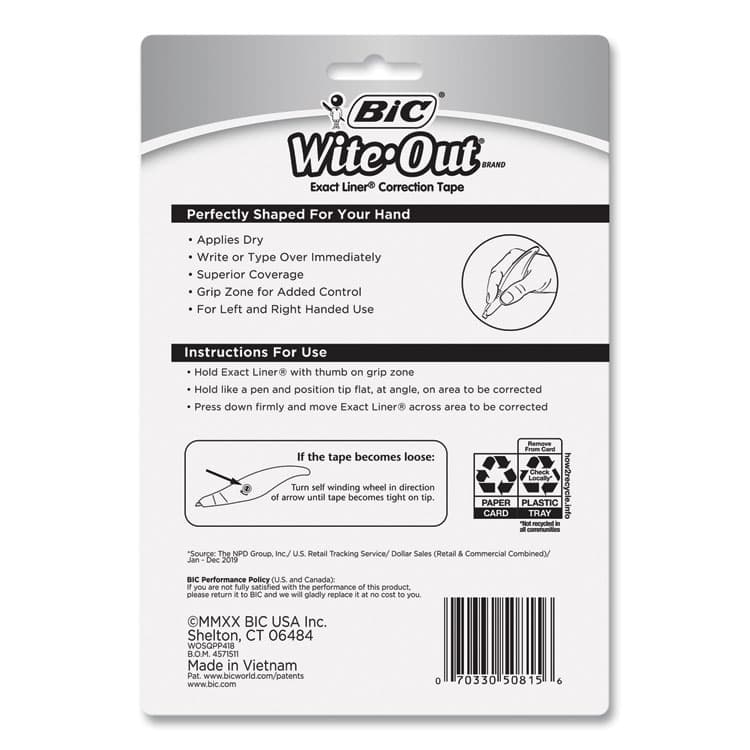 BIC CORP. Wite-Out Brand Exact Liner Correction Tape, Non-Refillable, 0.2" x 19.67 ft, White Tape, Assorted Dispenser Colors, 4/Pack (BICWOELP418) thumbnail 3