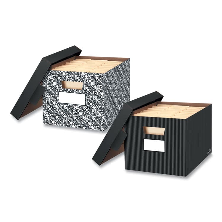 FELLOWES MFG. CO. STOR/FILE Decorative Medium-Duty Storage Box, Letter/Legal Files, 12.5" x 16.25" x 10.5", Black/White Brocade Design, 4/CT (FEL0022705) thumbnail 3