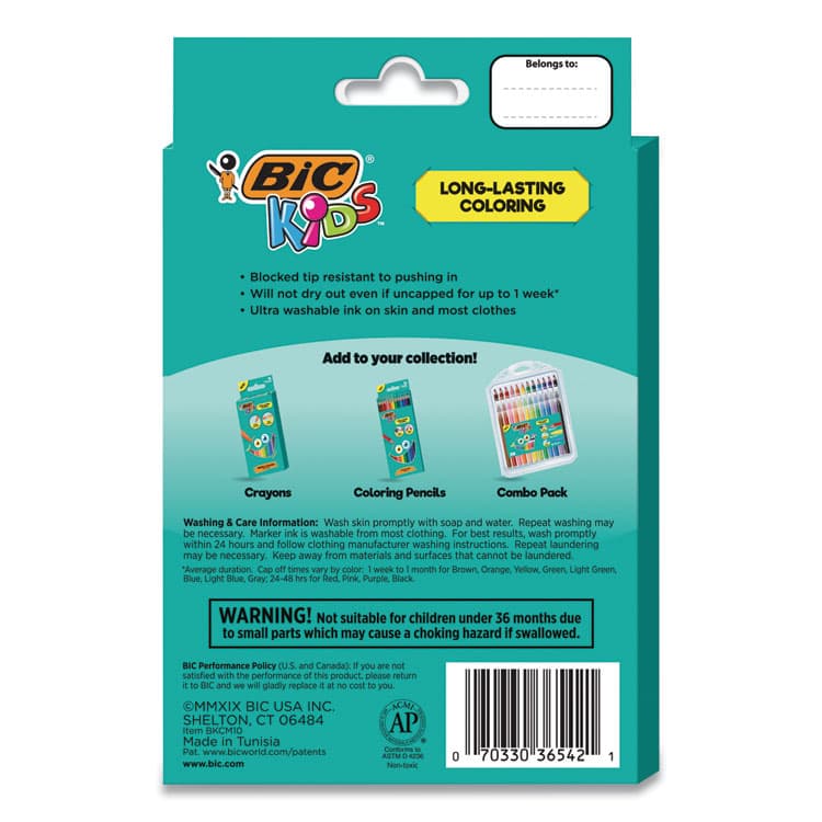 BIC CORP. Kids Ultra Washable Markers, Medium Bullet Tip, Assorted Colors, 10/Pack (BICBKCM10AST) thumbnail 3