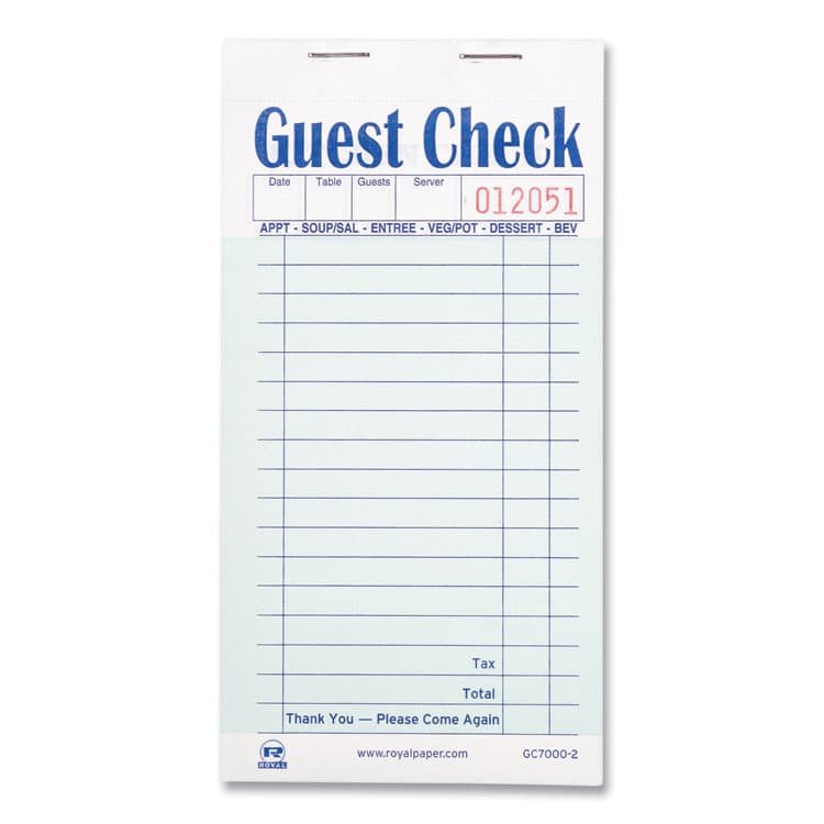 AMERCAREROYAL Guest Check Pad, 17 Lines, Two-Part Carbonless, 3.6 x 6.7, 50 Forms/Pad, 50 Pads/Carton (RPPGC70002) thumbnail 2
