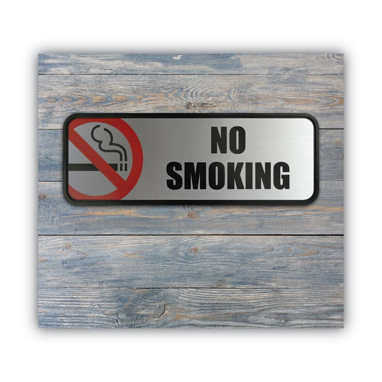 CONSOLIDATED STAMP Brush Metal Office Sign, No Smoking, 9 x 3, Silver/Red (COS098207) thumbnail 3