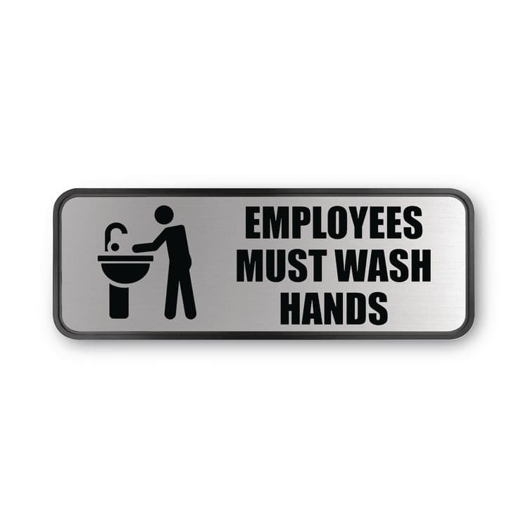 CONSOLIDATED STAMP Brushed Metal Office Sign, Employees Must Wash Hands, 9 x 3, Silver (COS098205)