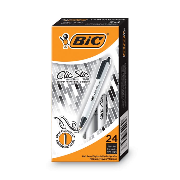 BIC CORP. Clic Stic Ballpoint Pen Value Pack, Retractable, Medium 1 mm, Black Ink, White Barrel, 24/Pack (BICCSM241BK)