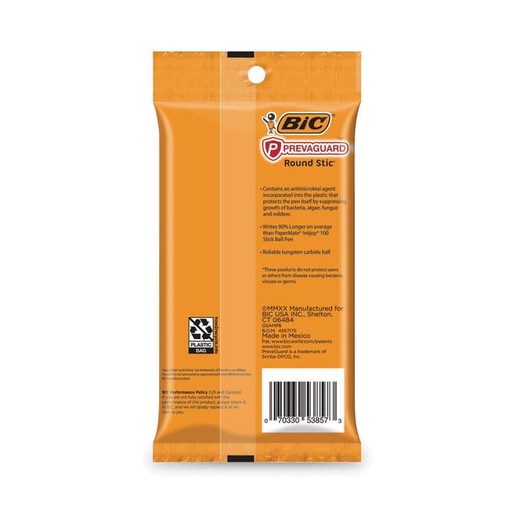BIC CORP. PrevaGuard Round Stic Ballpoint Pen, Stick, Medium 1 mm, Black Ink, Black Barrel, 8/Pack (BICGSAMP81BK) thumbnail 3