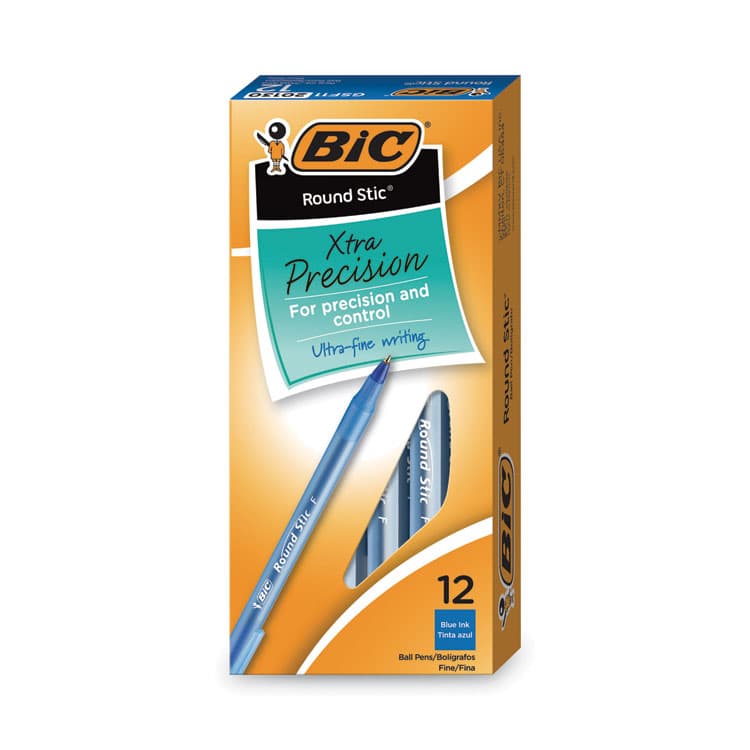 BIC CORP. Round Stic Xtra Precision Ballpoint Pen, Stick, Fine 0.8 mm, Blue Ink, Translucent Blue Barrel, Dozen (BICGSF11BE)