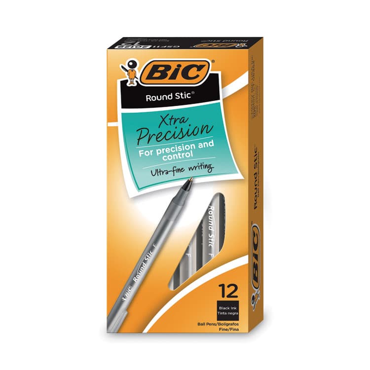 BIC CORP. Round Stic Xtra Precision Ballpoint Pen, Stick, Fine 0.8 mm, Black Ink, Smoke Barrel, Dozen (BICGSF11BK)