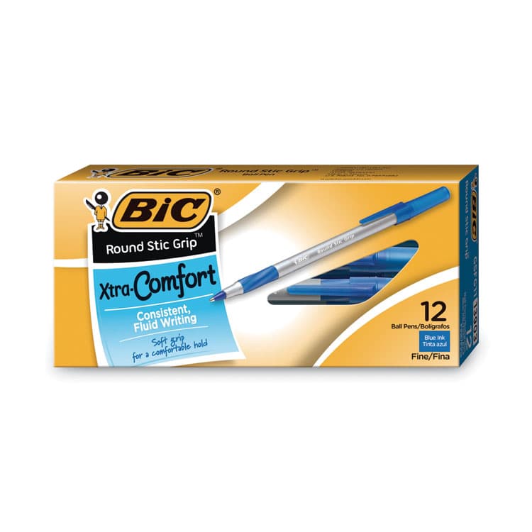 BIC CORP. Round Stic Grip Xtra Comfort Ballpoint Pen, Stick, Fine 0.8 mm, Blue Ink, Gray/Blue Barrel, Dozen (BICGSFG11BE)