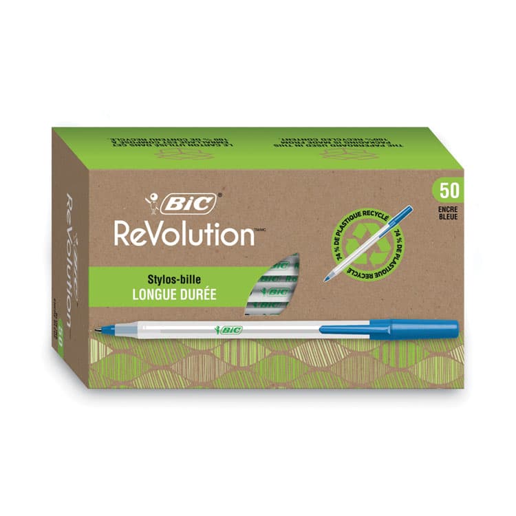 BIC CORP. Ecolutions Round Stic Ballpoint Pen Value Pack, Stick, Medium 1 mm, Blue Ink, Clear Barrel, 50/Pack (BICGSME509BE)