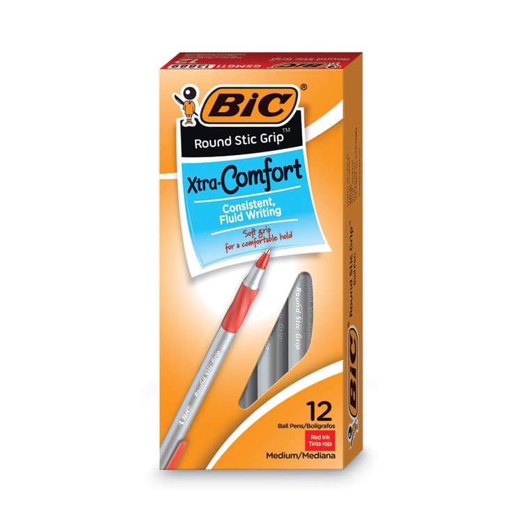 BIC CORP. Round Stic Grip Xtra Comfort Ballpoint Pen, Easy-Glide System, Stick, Medium 1.2 mm, Red Ink, Gray/Red Barrel, Dozen (BICGSMG11RD)