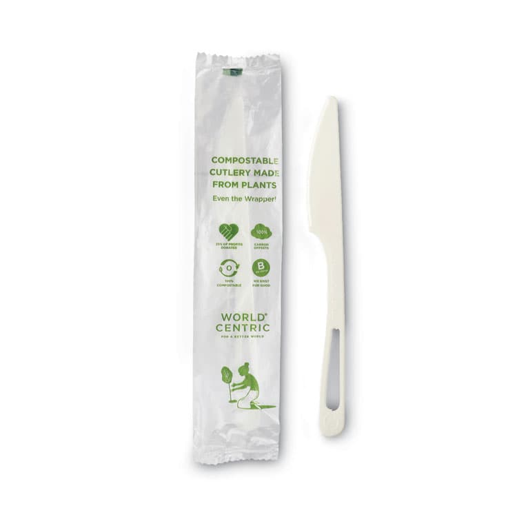 WORLD CENTRIC TPLA Wrapped Cutlery, Knife, Plastic, Light Beige, 750/Carton (WORKNPSI)