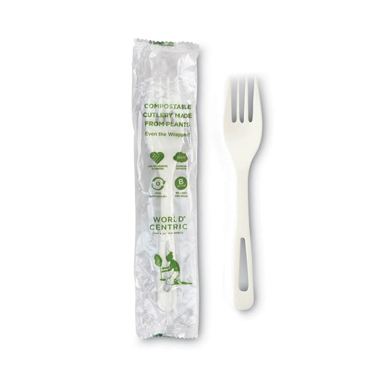 WORLD CENTRIC TPLA Wrapped Cutlery, Fork, Plastic, Light Beige 750/Carton (WORFOPSI)