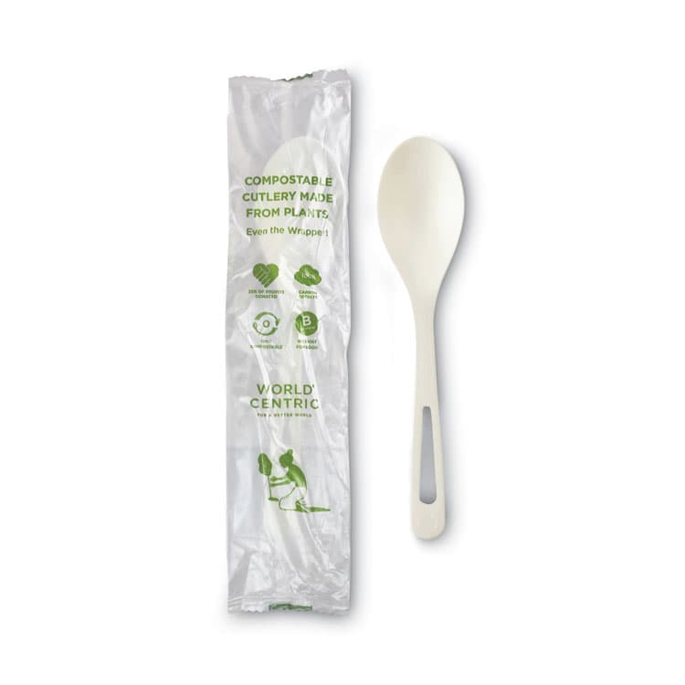 WORLD CENTRIC TPLA Wrapped Cutlery, Spoon, Plastic, Light Beige, 750/Carton (WORSPPSI)