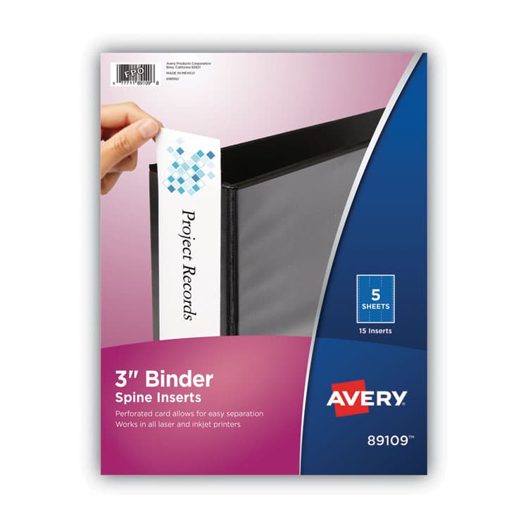 AVERY PRODUCTS CORPORATION Binder Spine Inserts, 3" Spine Width, 3 Inserts/Sheet, 5 Sheets/Pack (AVE89109)